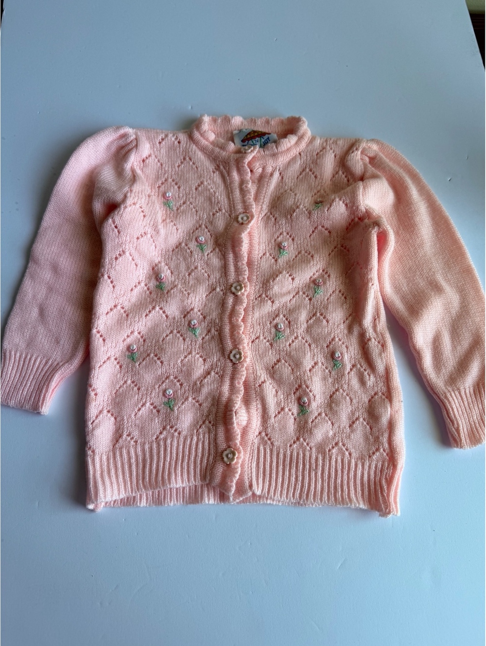Vintage Y2K Pride & Joy Pink Pointelle Knit Floral Cardigan Sweater 2T/3T